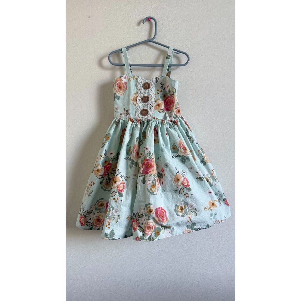 Maddie Kay Girls Size 7 Floral Dress Blue Lace Button Cottagecore Spring